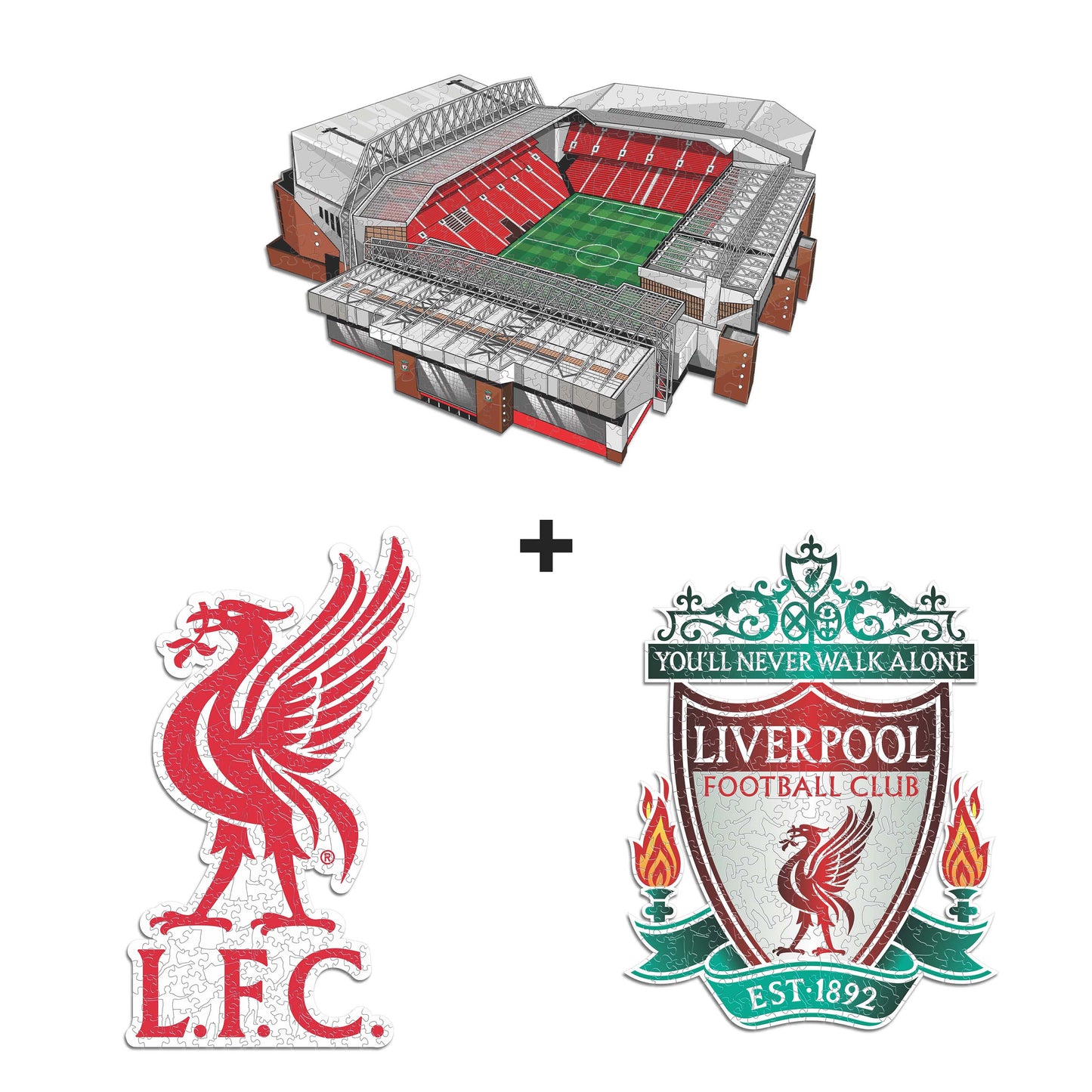 Pacote com 3 logotipos do Liverpool FC® + Liver Bird + Estádio Anfield
